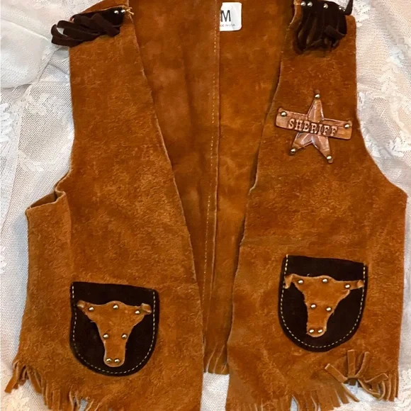 Vtg Authentic Western Outfits For JR. Cowboys Cowhide Chap Vest Fringed Studs B